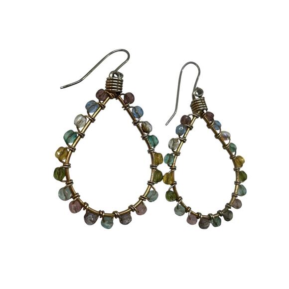 Wrapped Wire and Pastel Beaded Fishhook Earrings 2 Inch Drop - Picture 2 of 6